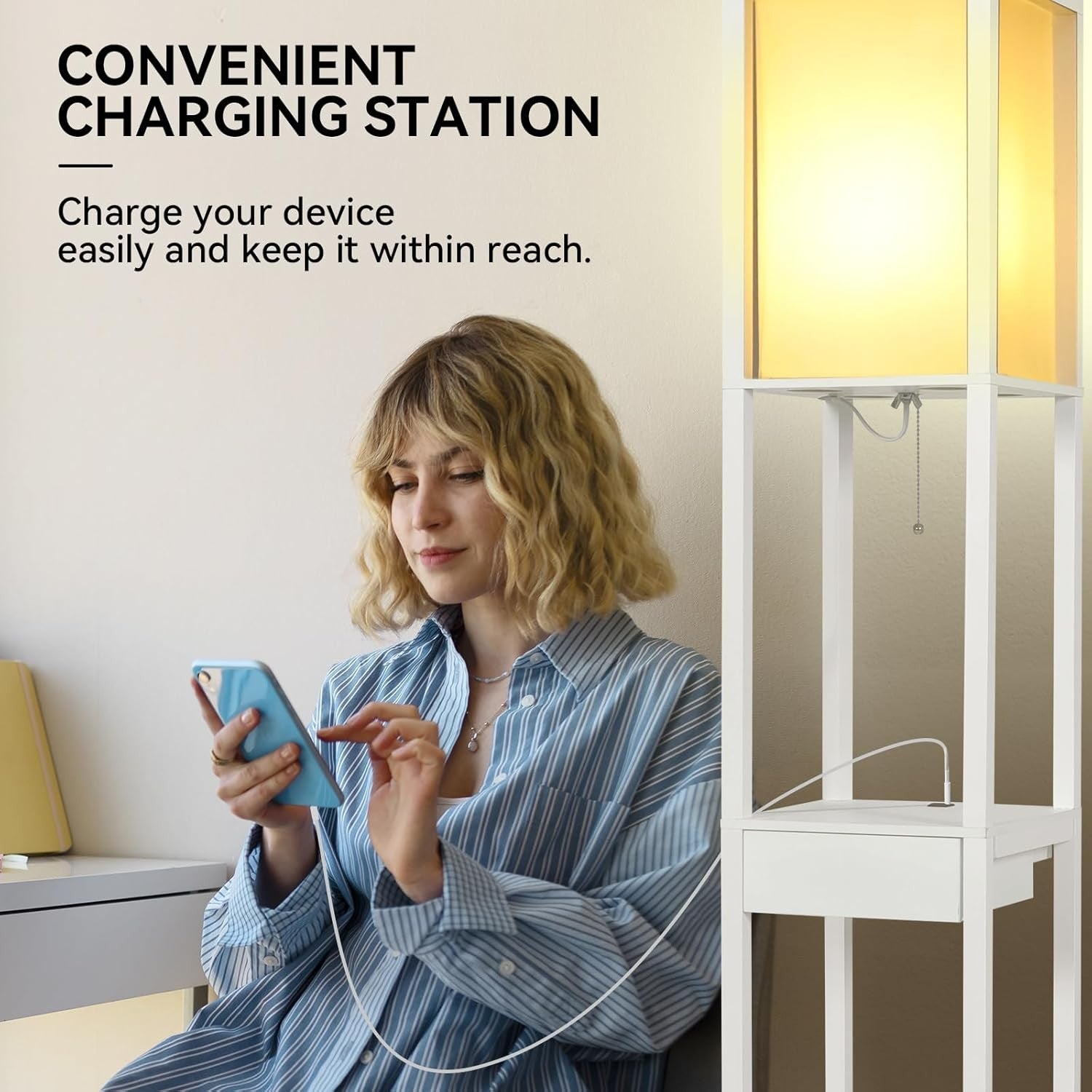 Floor Lamp with Shelves Storage LED Light USB Charging Drawer Modern White