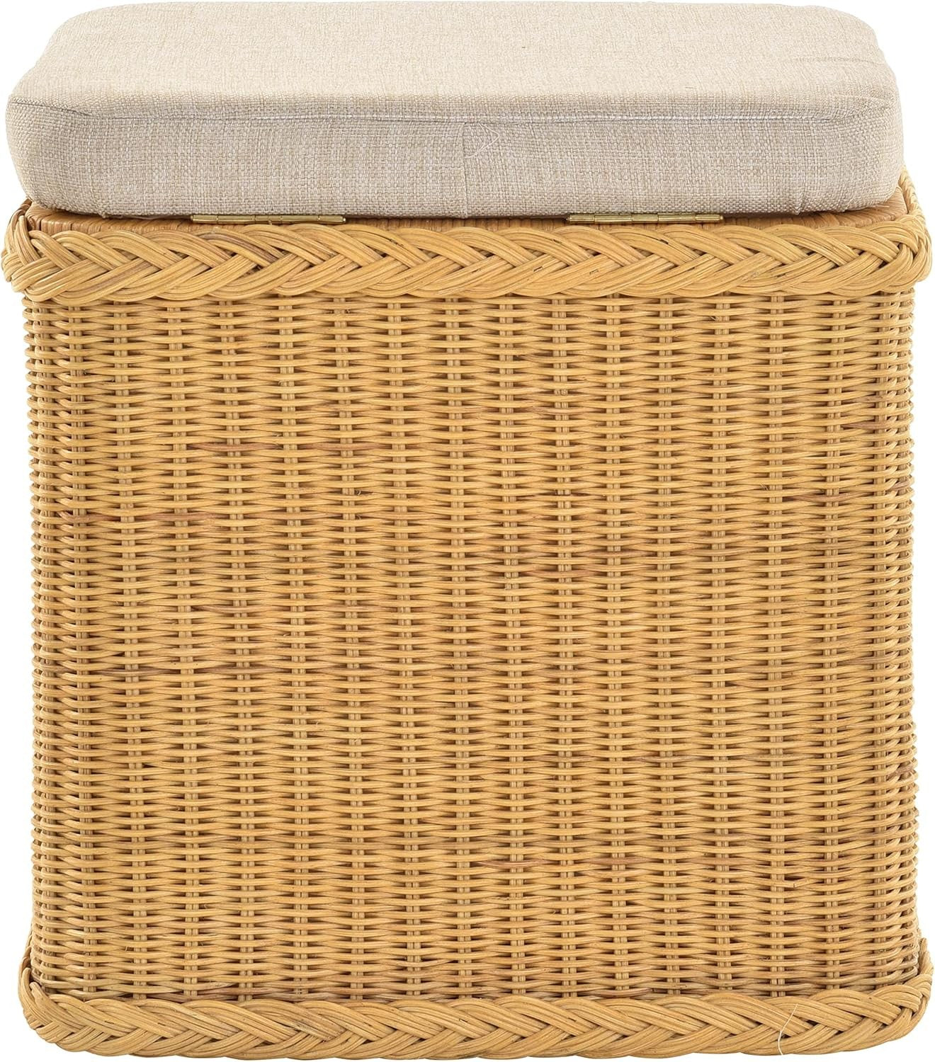 Rattan Laundry Basket Seat with Cushion Lid Honey Storage Chest Square 46×46×50