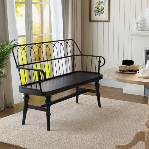 Black Farmhouse Entryway Bench with Back & Metal Spindle Indoor Seating