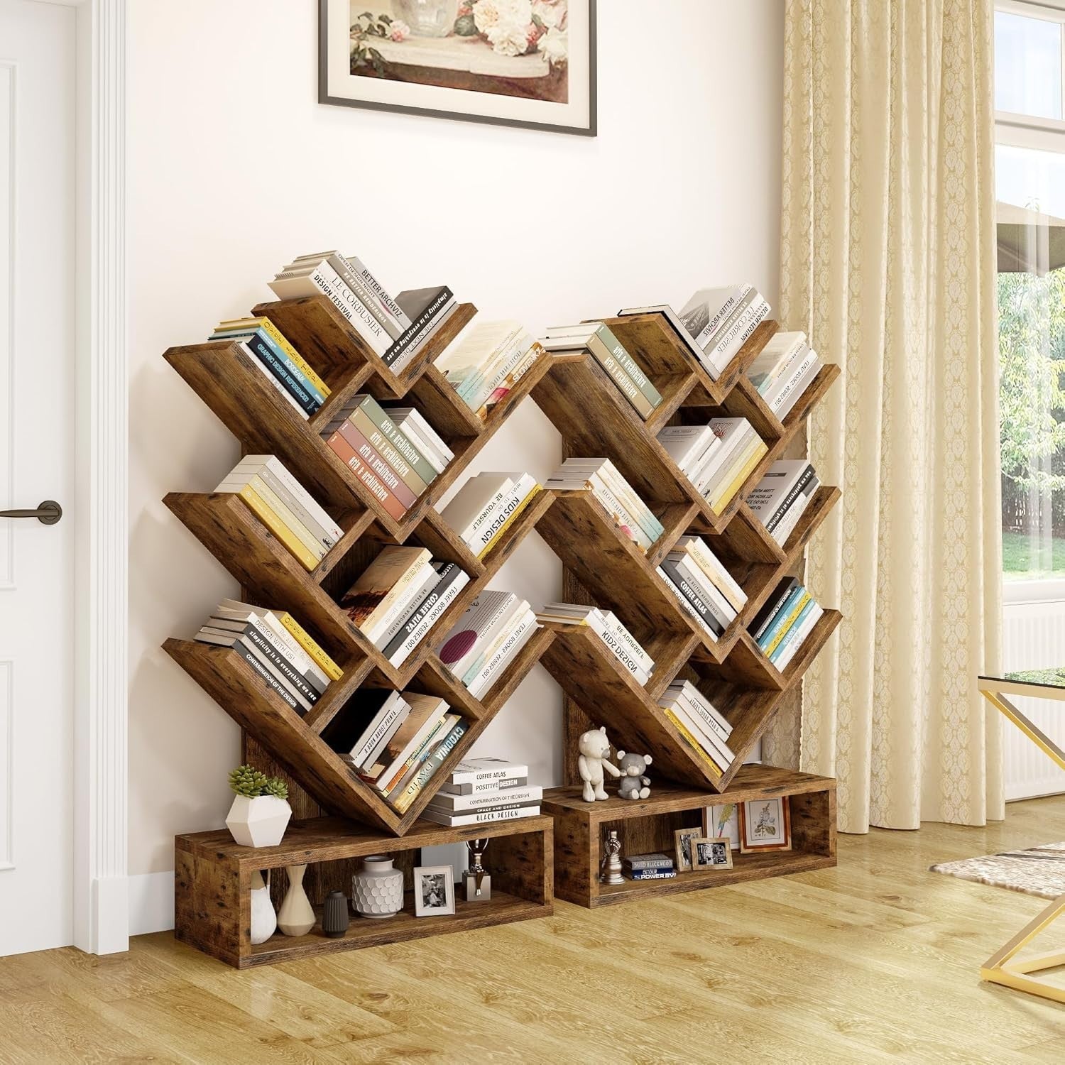 Tree Bookshelf with Drawer 5 Tier Rustic Brown  Wooden Bookcase Storage Rack