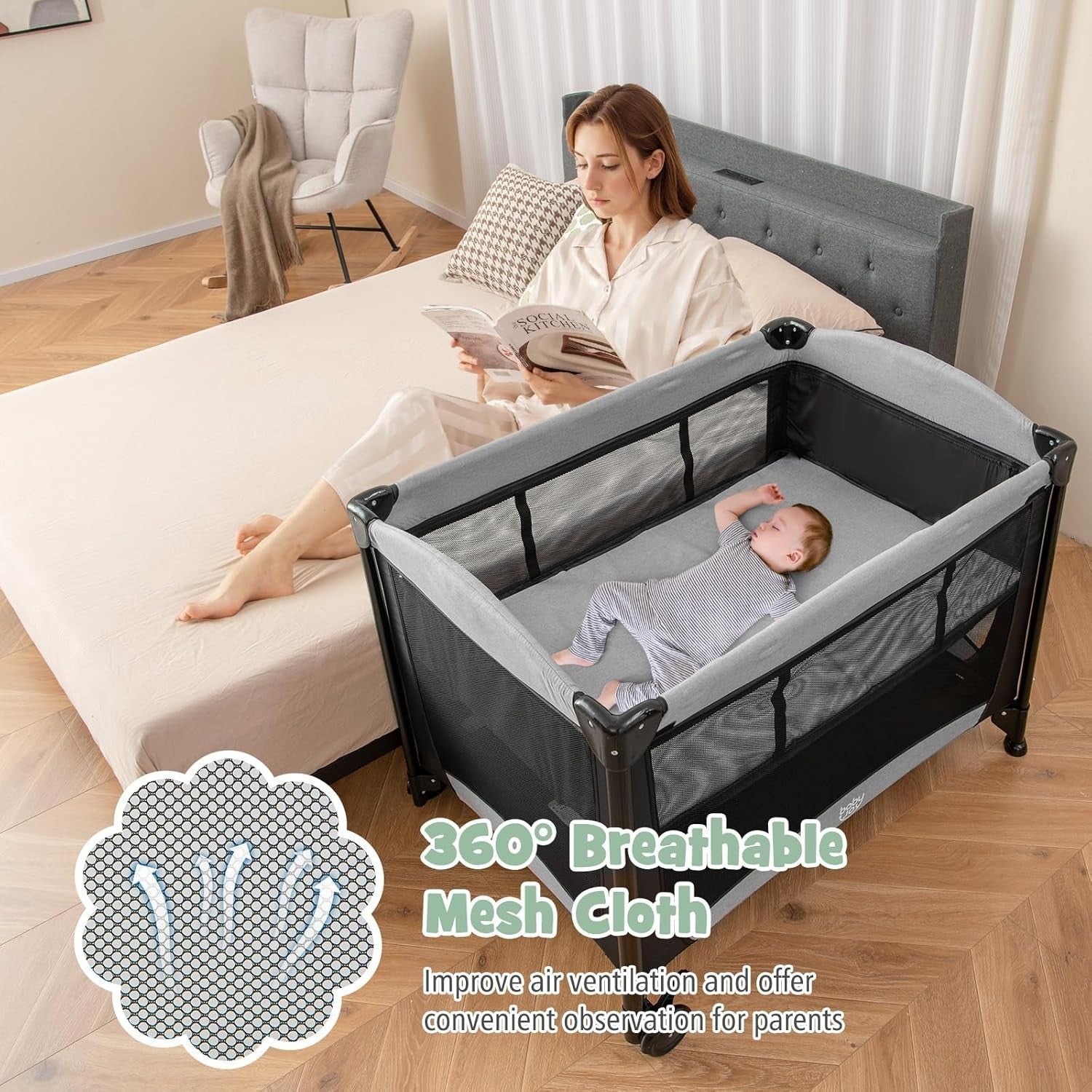 5in1 Travel Cot Baby Bedside Crib Bassinet w/ Mattress Folding Playard Black