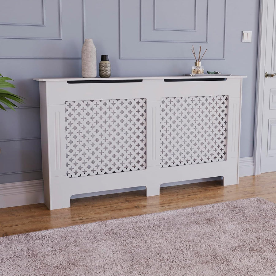 Large White Radiator Cover | Traditional Cross Pattern MDF Cabinet
