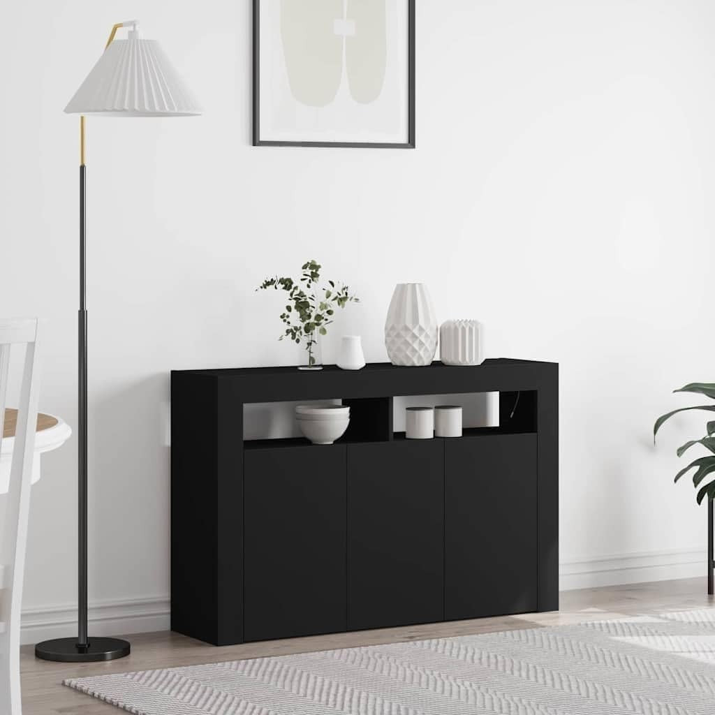 Modern Black LED Illuminated Sideboard Storage Cabinet 3 Doors Dining Room