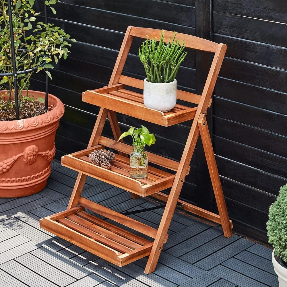 3-Tier Folding Wooden Plant Stand Indoor Outdoor Acacia Ladder Shelf Rack