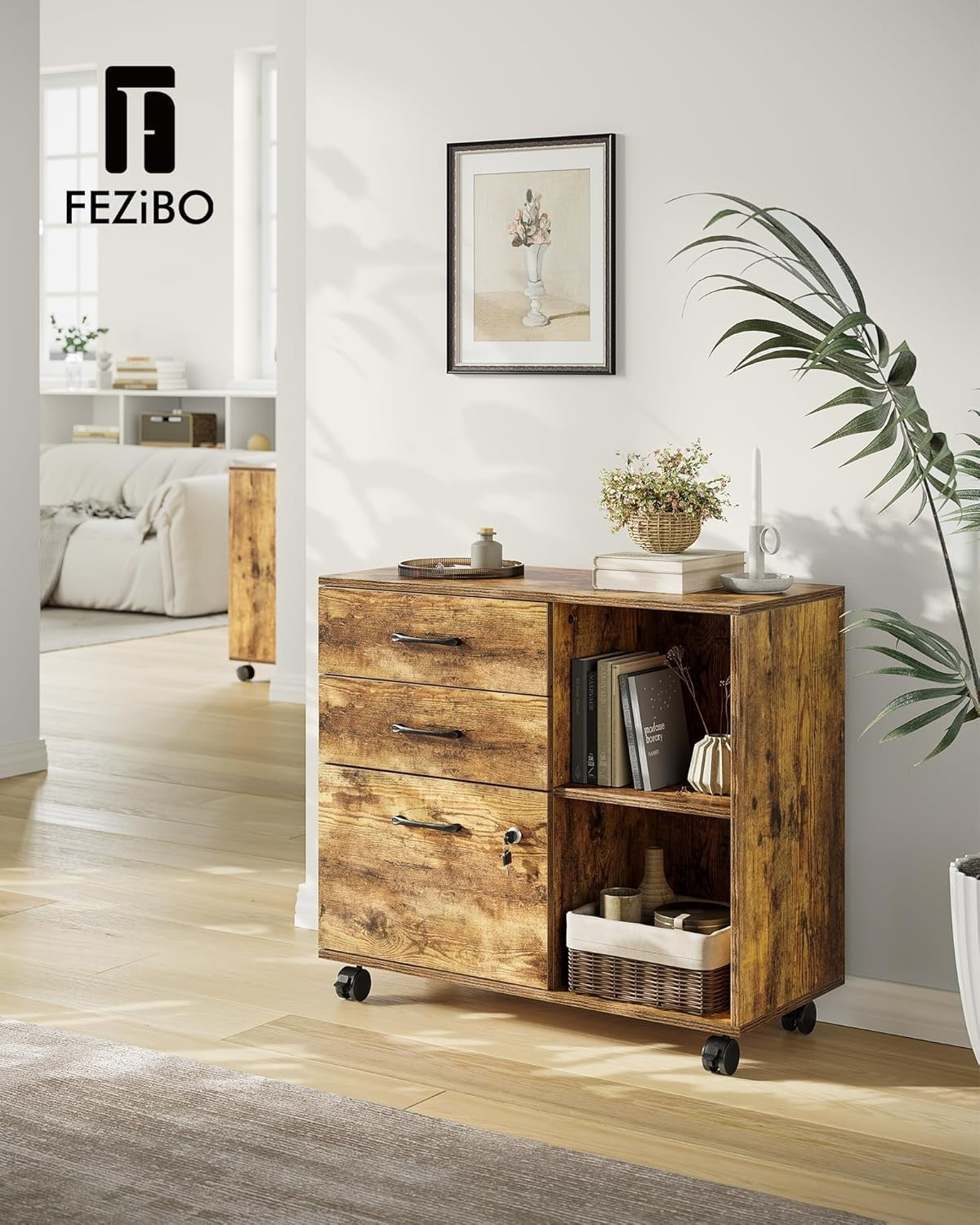 Rustic Brown Mobile Filing Cabinet 80cm Lockable Printer Stand