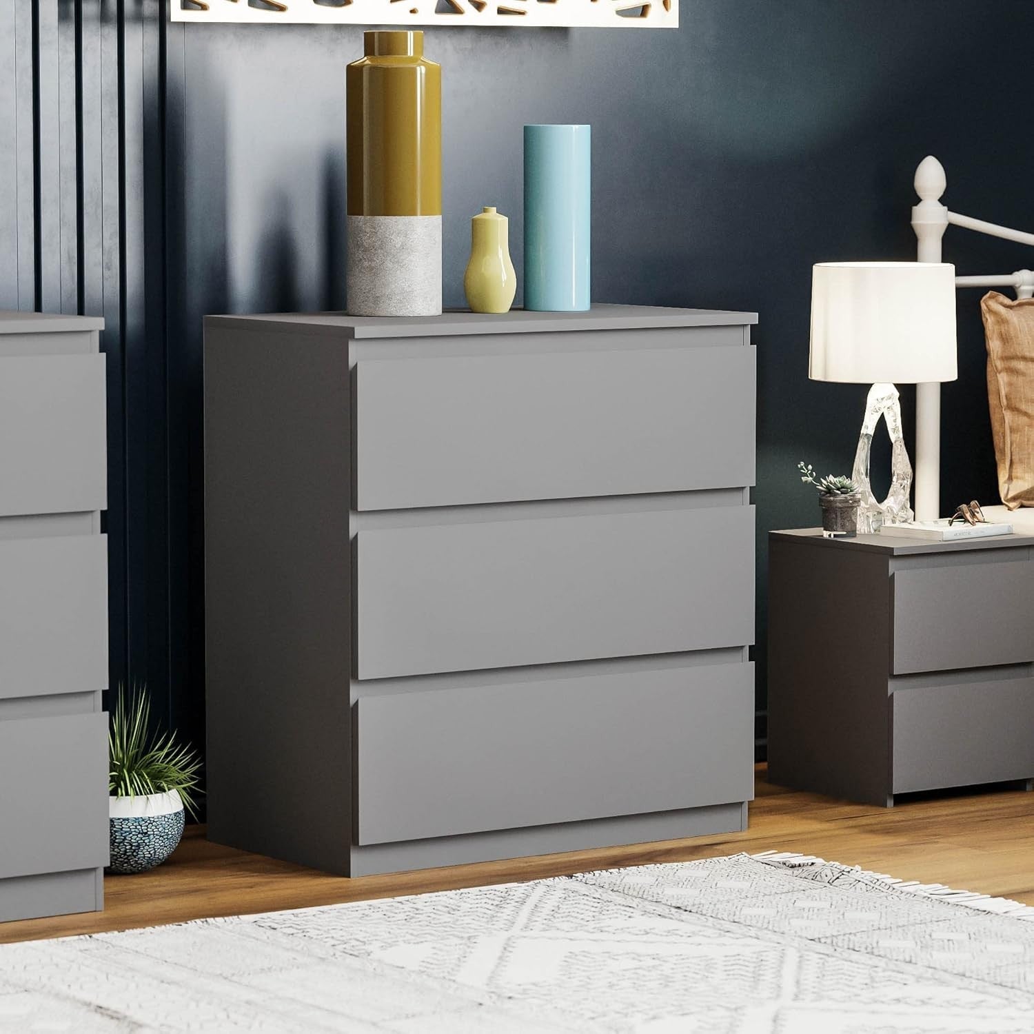 Modern Grey 3 Drawer Chest Storage Unit for Bedroom Home Office
