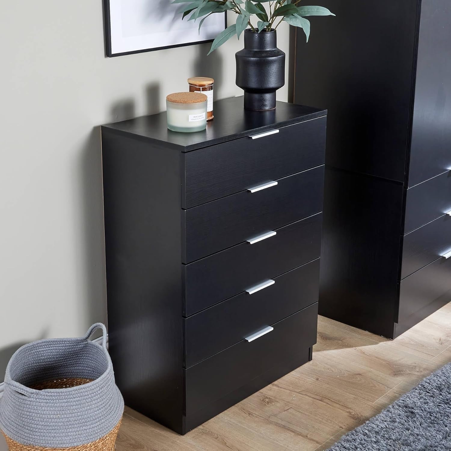 Black 5 Drawer Chest Tall Bedroom Storage Cabinet Slim Modern Unit