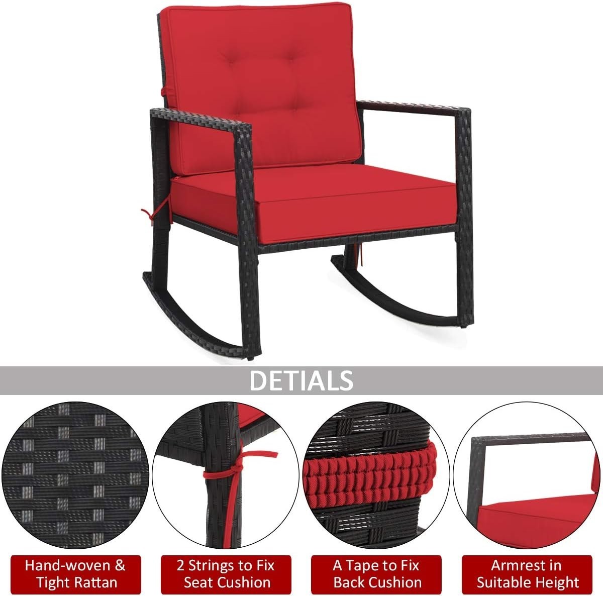 Red Rattan Rocking Chair Cushioned Patio Garden Porch Outdoor Relax Seat