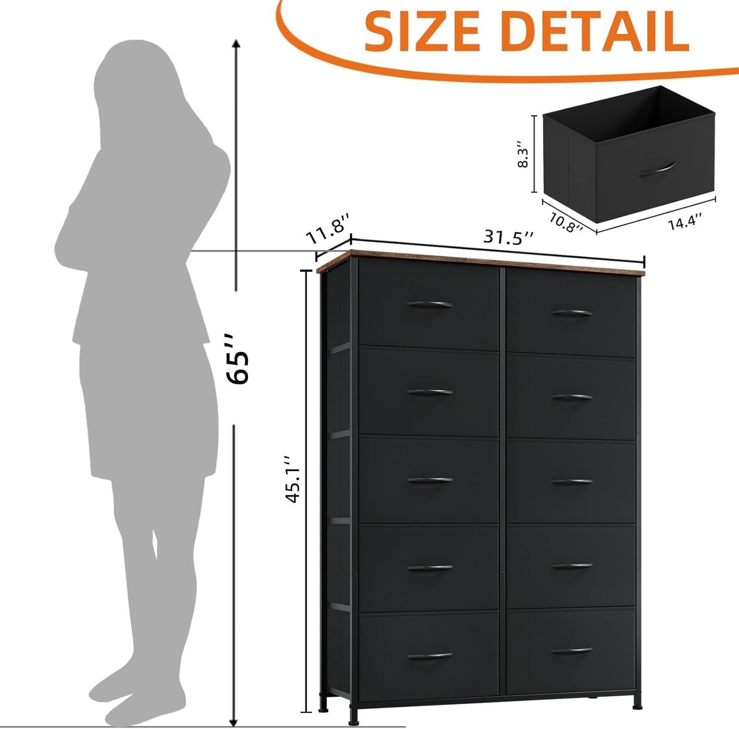 Tall 10 Drawer Fabric Dresser Storage Cabinet Black Wood Bedroom Organizer
