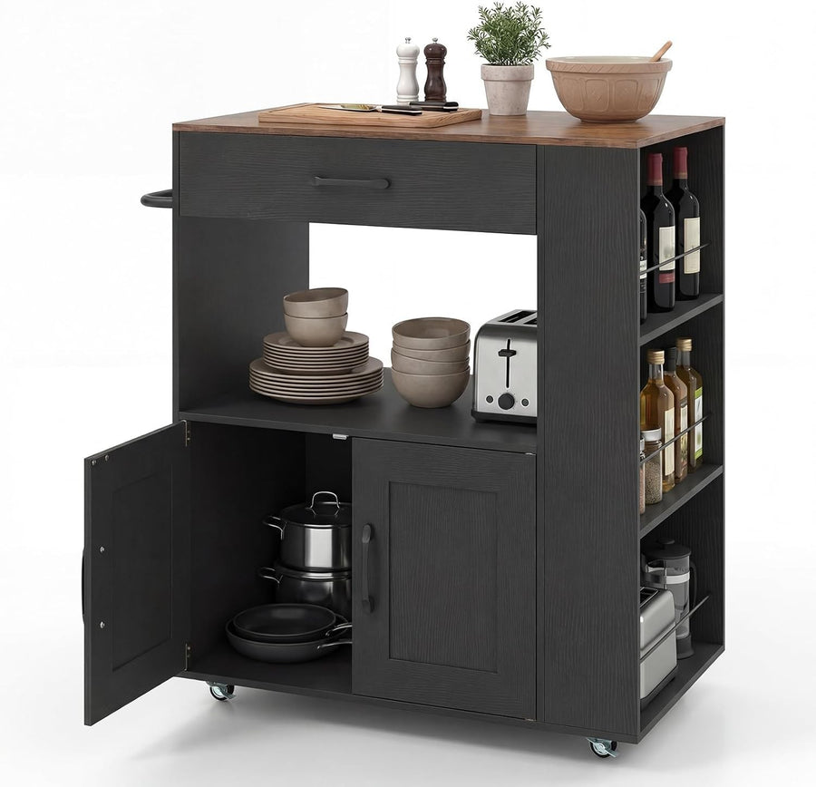 Kitchen Island Trolley Cabinet with Spice Rack Black