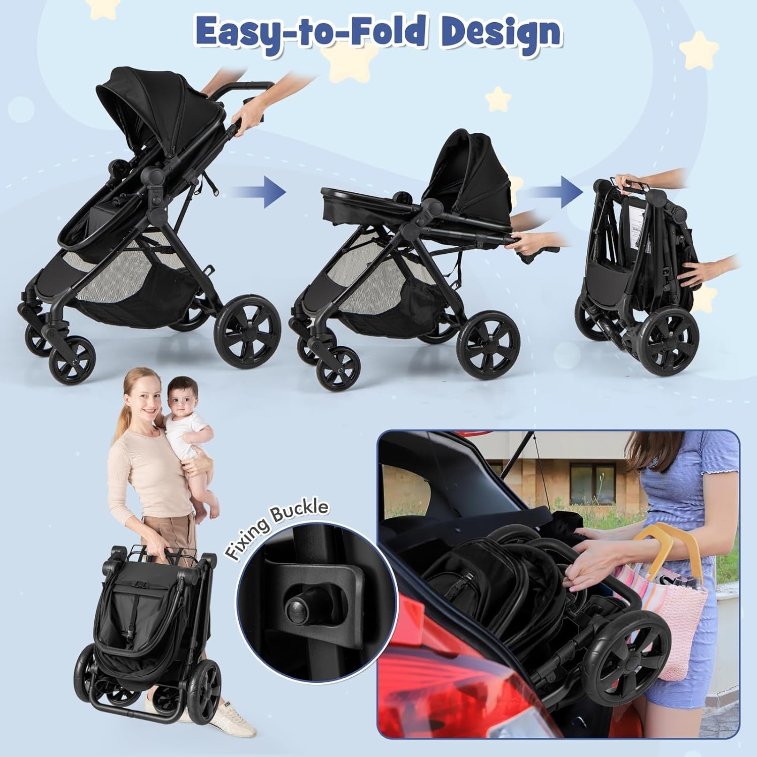 2in1 Baby Pushchair Foldable Lightweight Pram Reversible Seat Adjustable Canopy