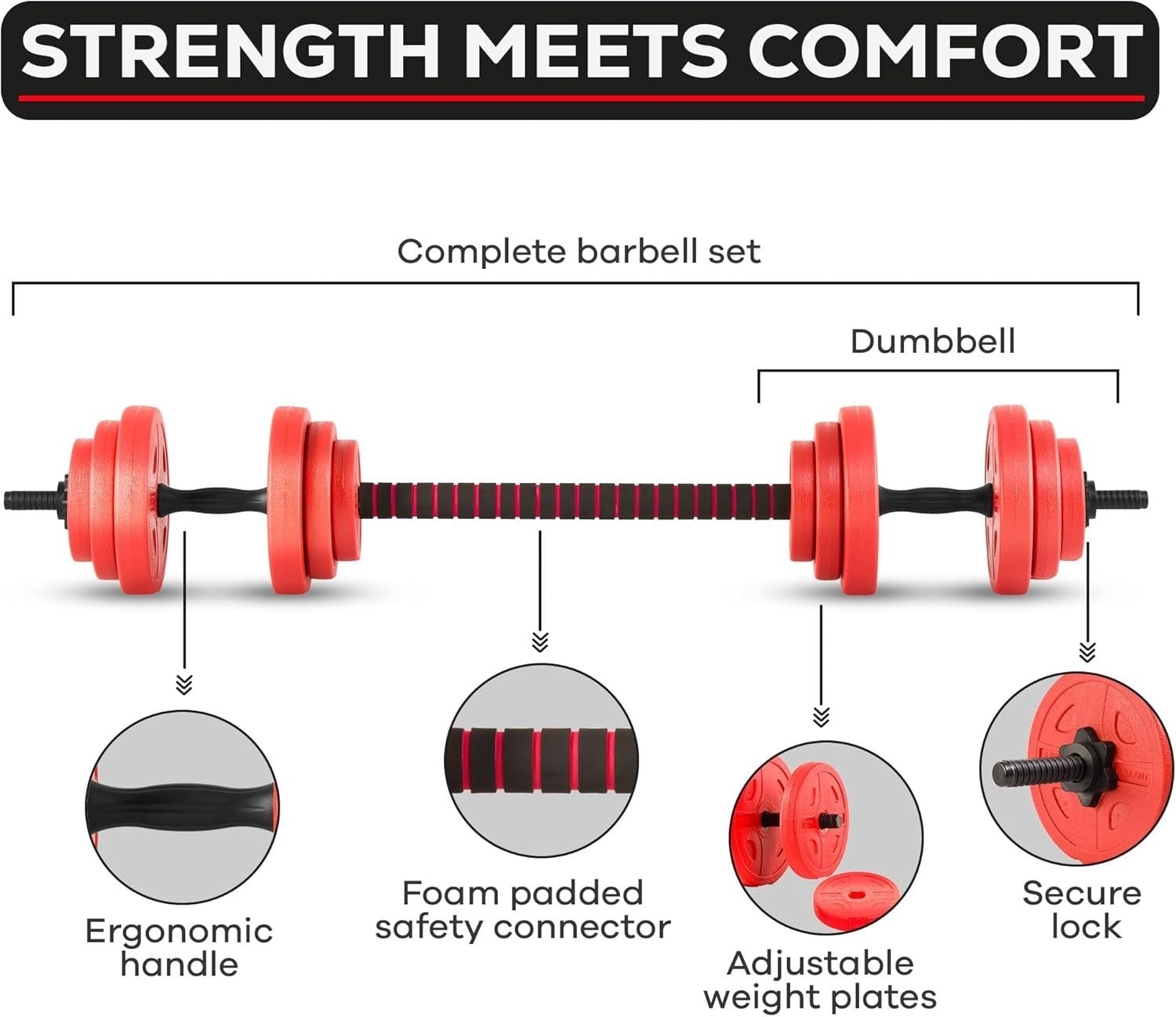 20kg Adjustable Dumbbell Barbell Set Vinyl Weights Home Gym Red