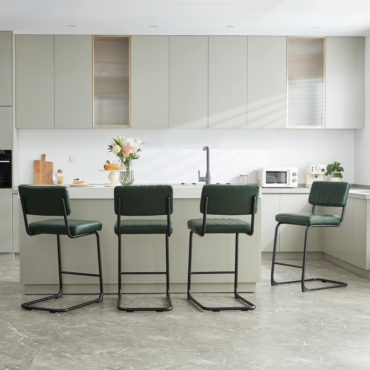 Modern Bar Stools 2pcs Green/Black Faux Leather Counter Kitchen Chairs