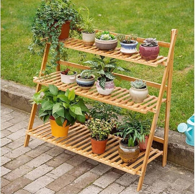 3 Tier Bamboo Plant Stand Folding Flower Shelf Indoor Outdoor Garden Rack