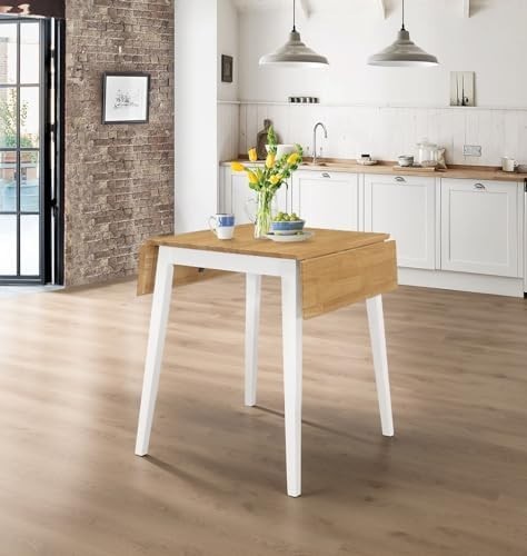 Small Drop Leaf Folding Table White & Oak Space-Saving Kitchen Dining