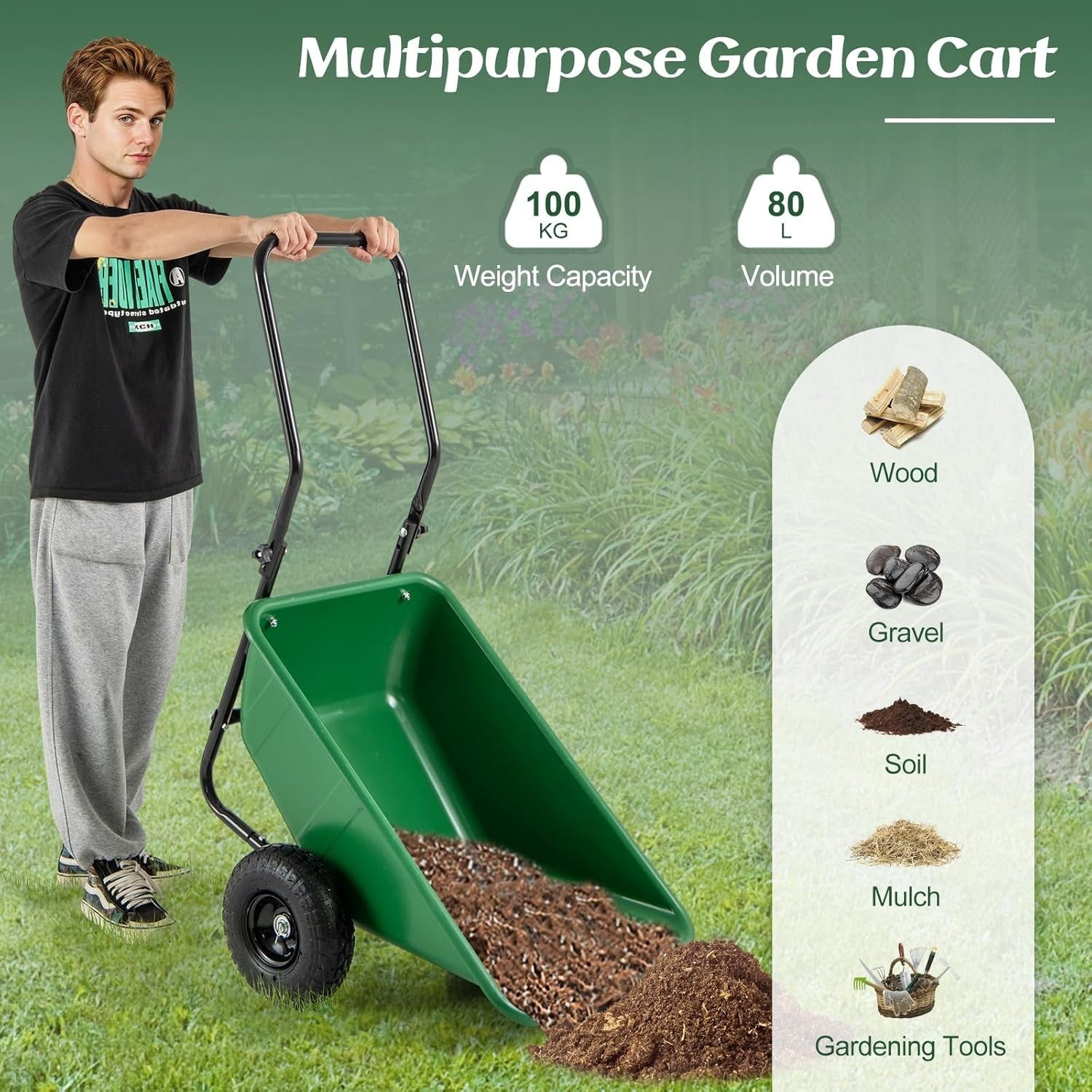 80L 2-Wheel Garden Wheelbarrow Green – Foldable Handle w/ Pneumatic Tyres 100kg