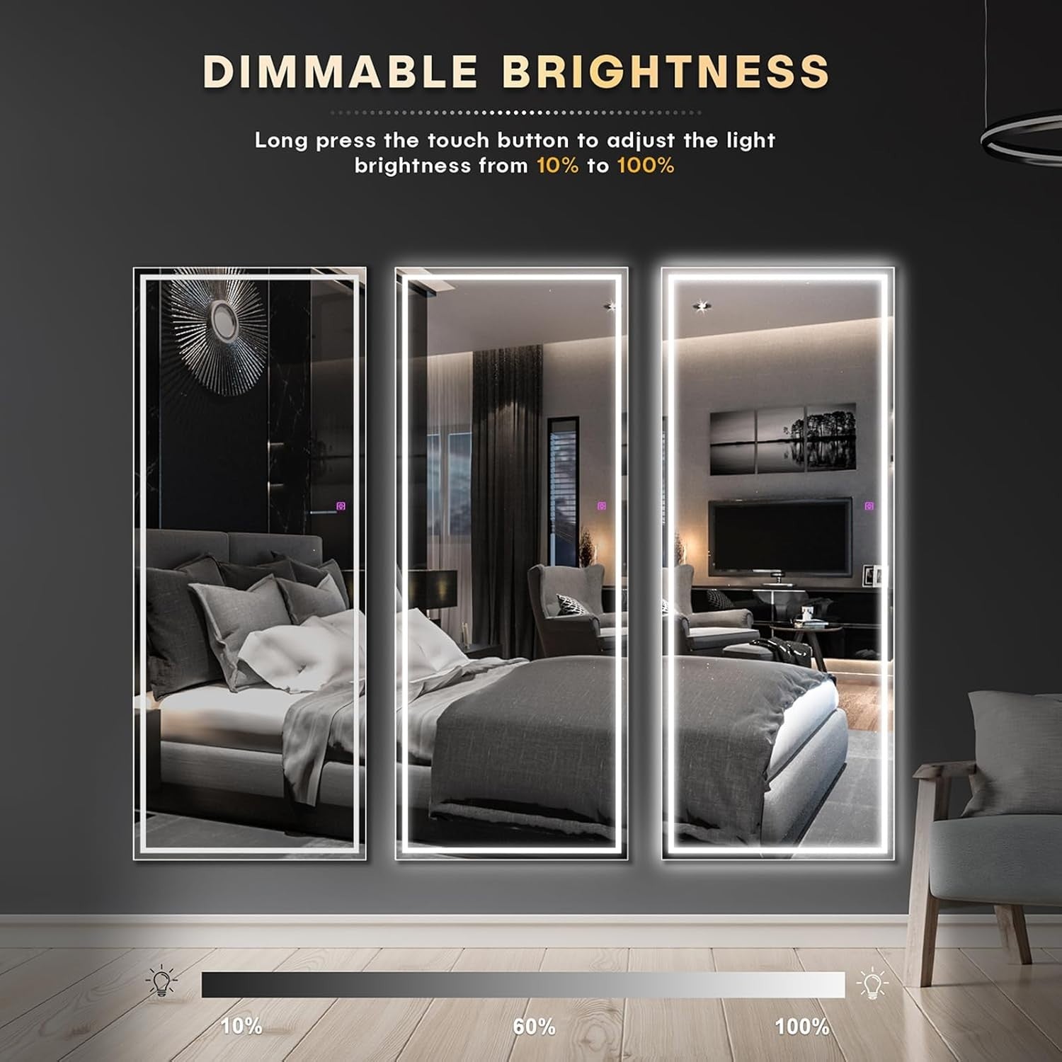 LED Full Length Mirror 140x50cm Wall Mount Dimmable Touch Light Black