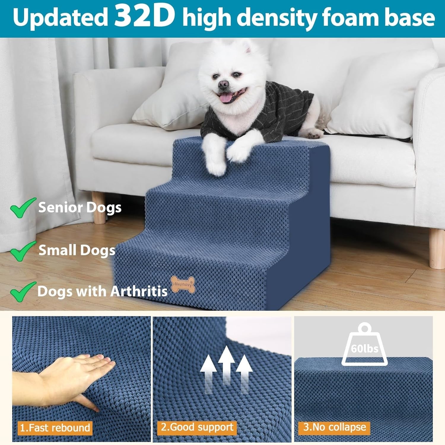 3-Step Dog Stairs Non-Slip Pet Ramp for Small Dogs Cats Blue