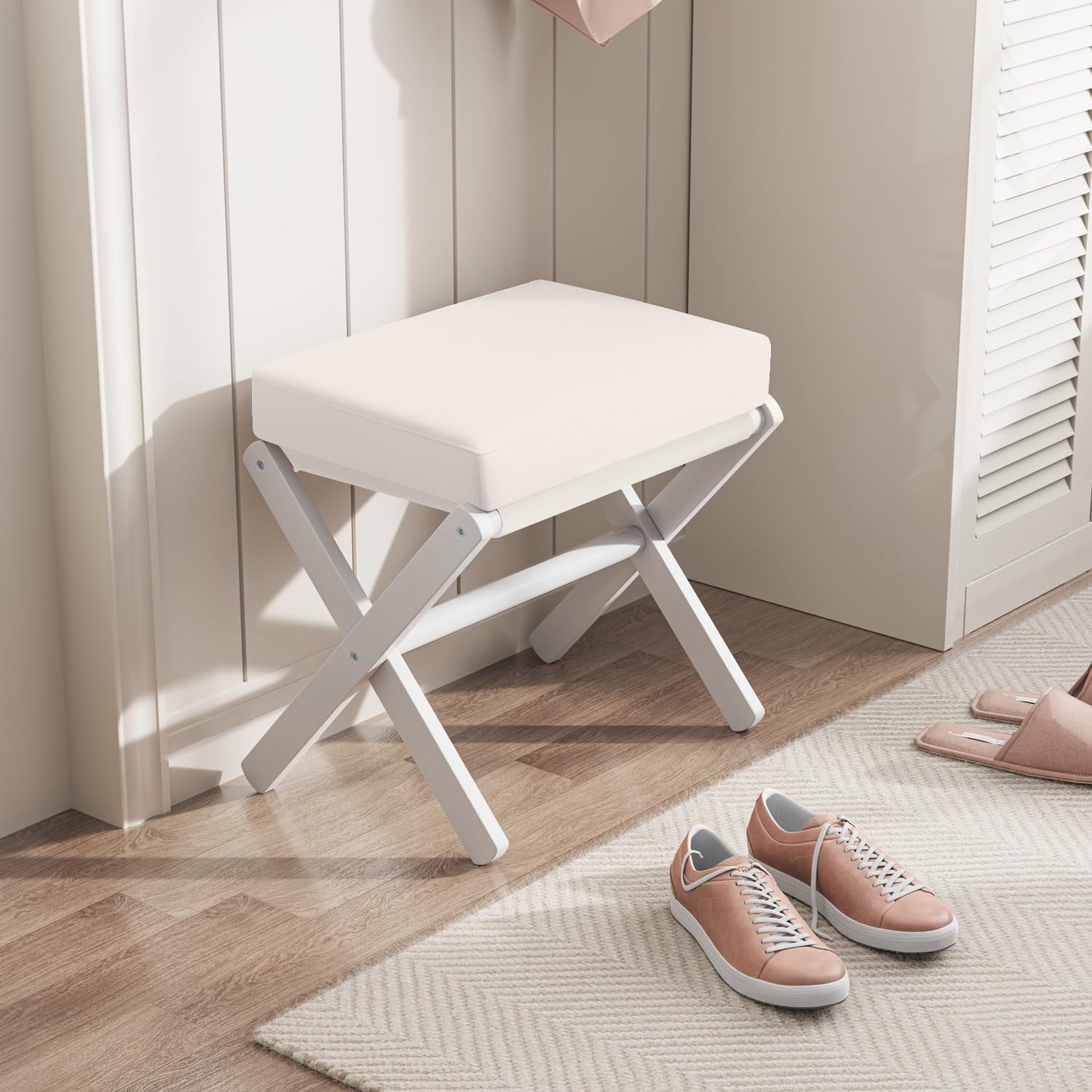 White Bamboo Foldable Footstool with Thick Cushion & X-Leg Design