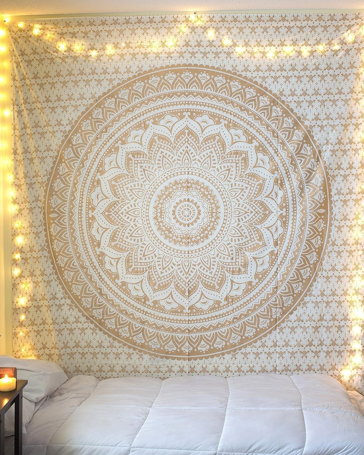 Boho White Gold Mandala Tapestry 55x82" Cotton Wall Hanging