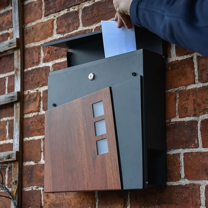Modern Wall Mounted Post Box Grey Metal Lockable Secure Weatherproof Slim Design