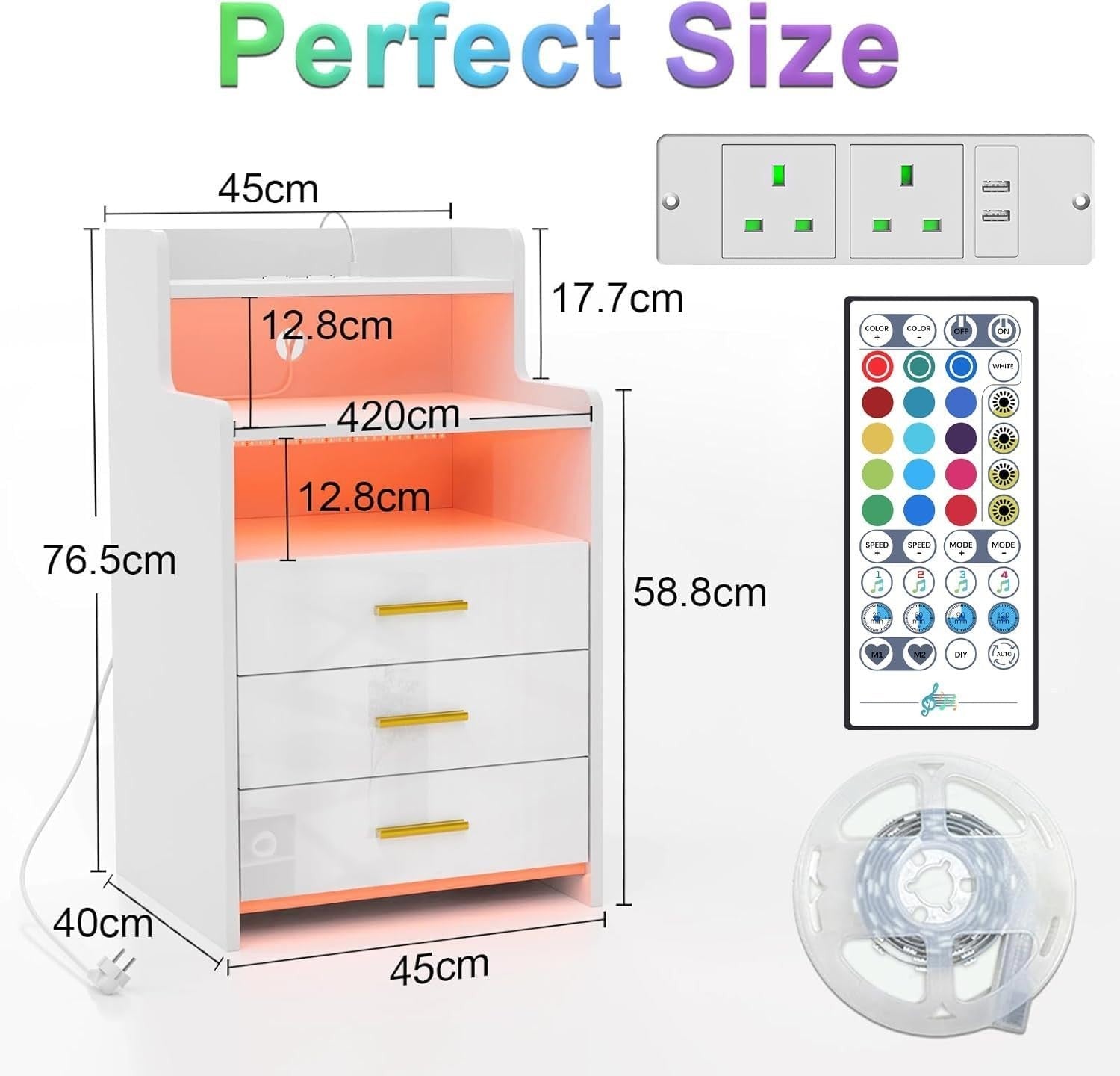 Modern LED Bedside Table with USB Charging, 3 Drawers + Shelf