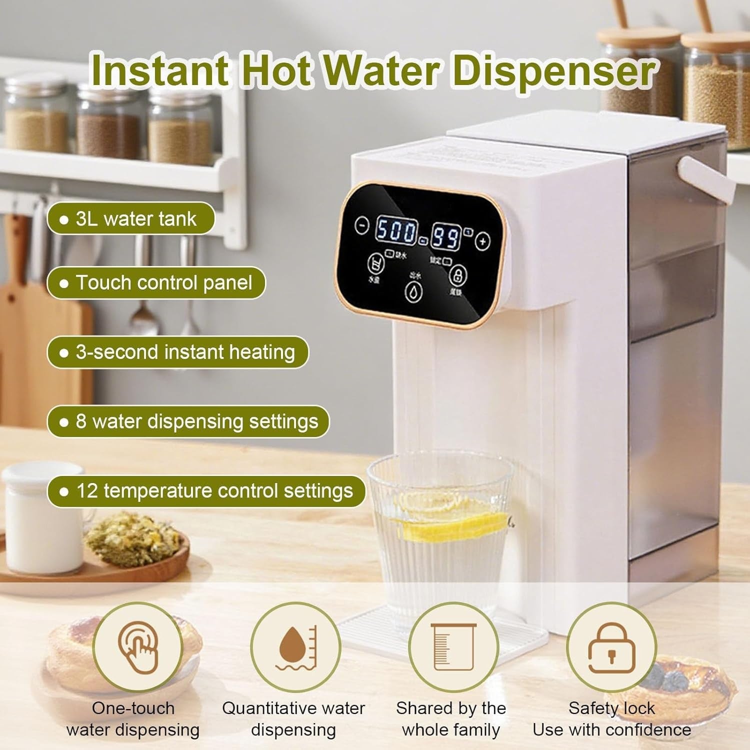 Instant Hot Water Dispenser 3L Touch Control 12 Temp Cup Size Child Lock