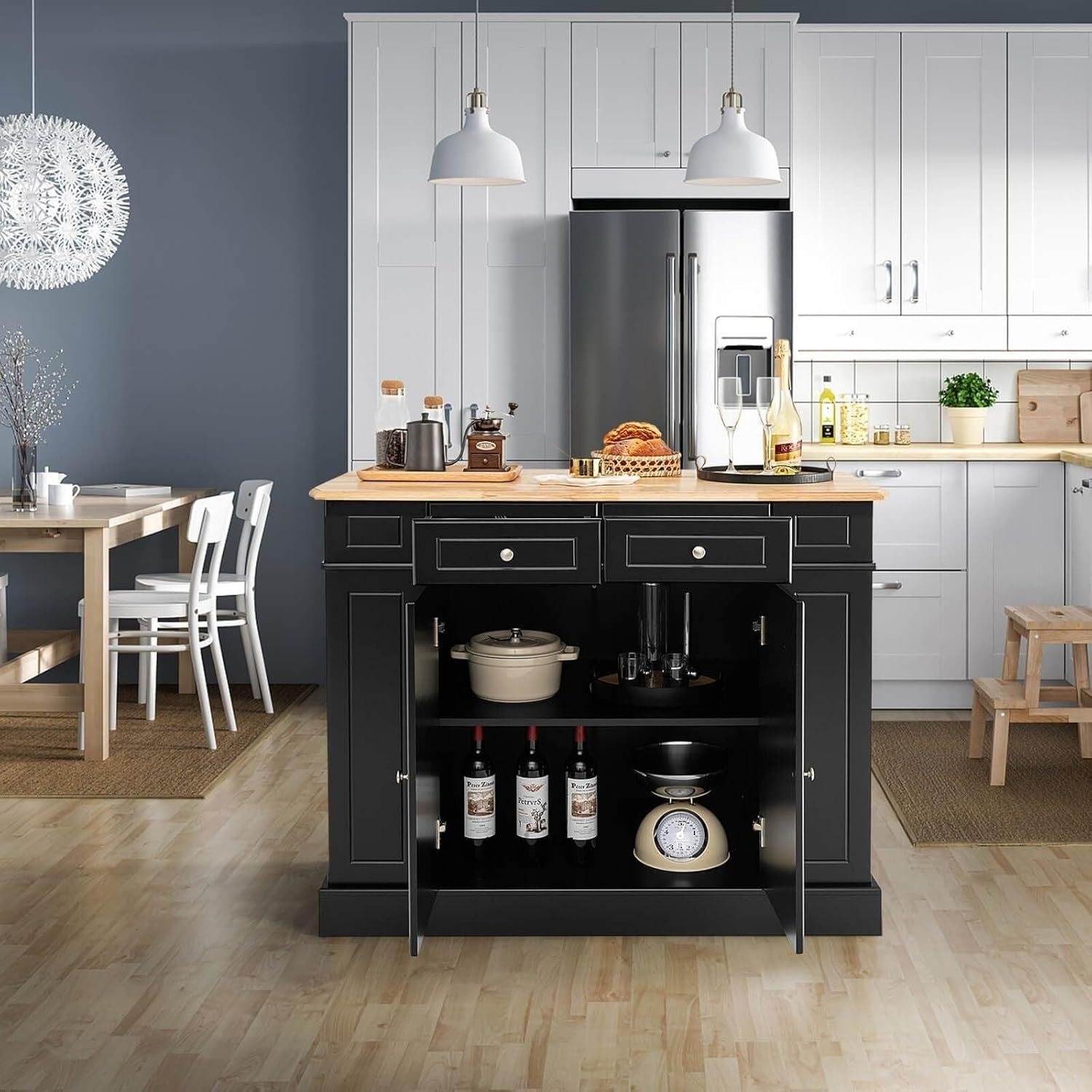 Kitchen Island Trolley Black with Drop-Leaf, Storage & Lockable Wheels