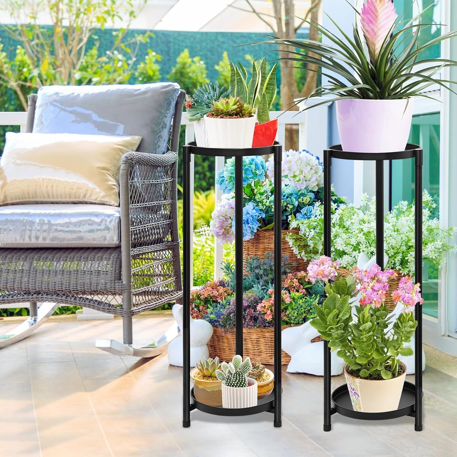 KHayRovies 2 Tier Tall Plant Stand Indoor, 2Pcs Black Corner Round Plant Stand