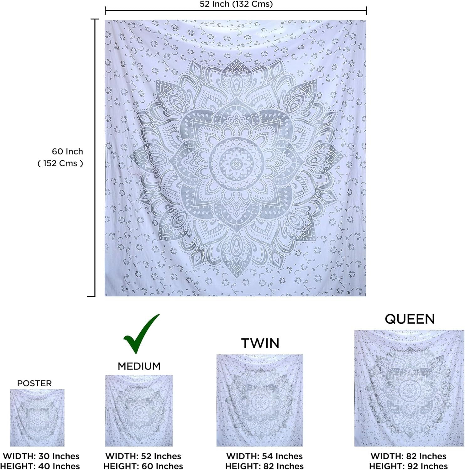 Grey Metallic Mandala Tapestry 52x60in Boho Wall Hanging Cotton