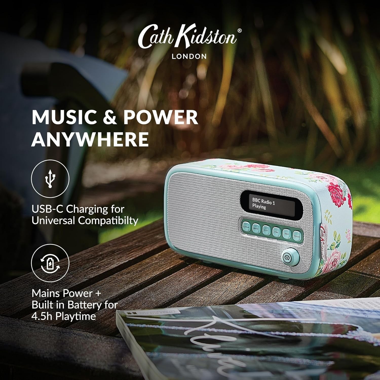 DAB Digital Radio Bluetooth Alarm Clock Portable Floral Rechargeable