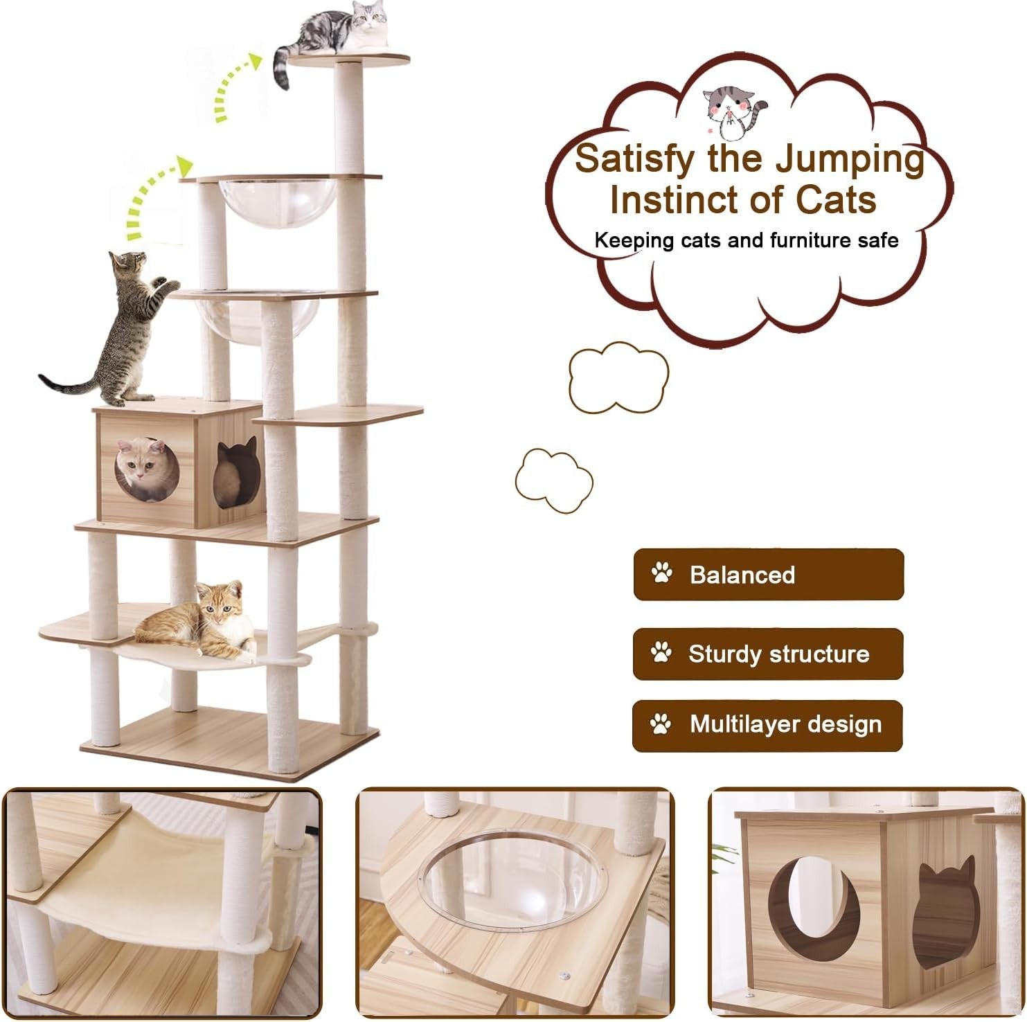 193cm Large Cat Tree Tower Condo Hammock Capsule Bowls Plush Scratching