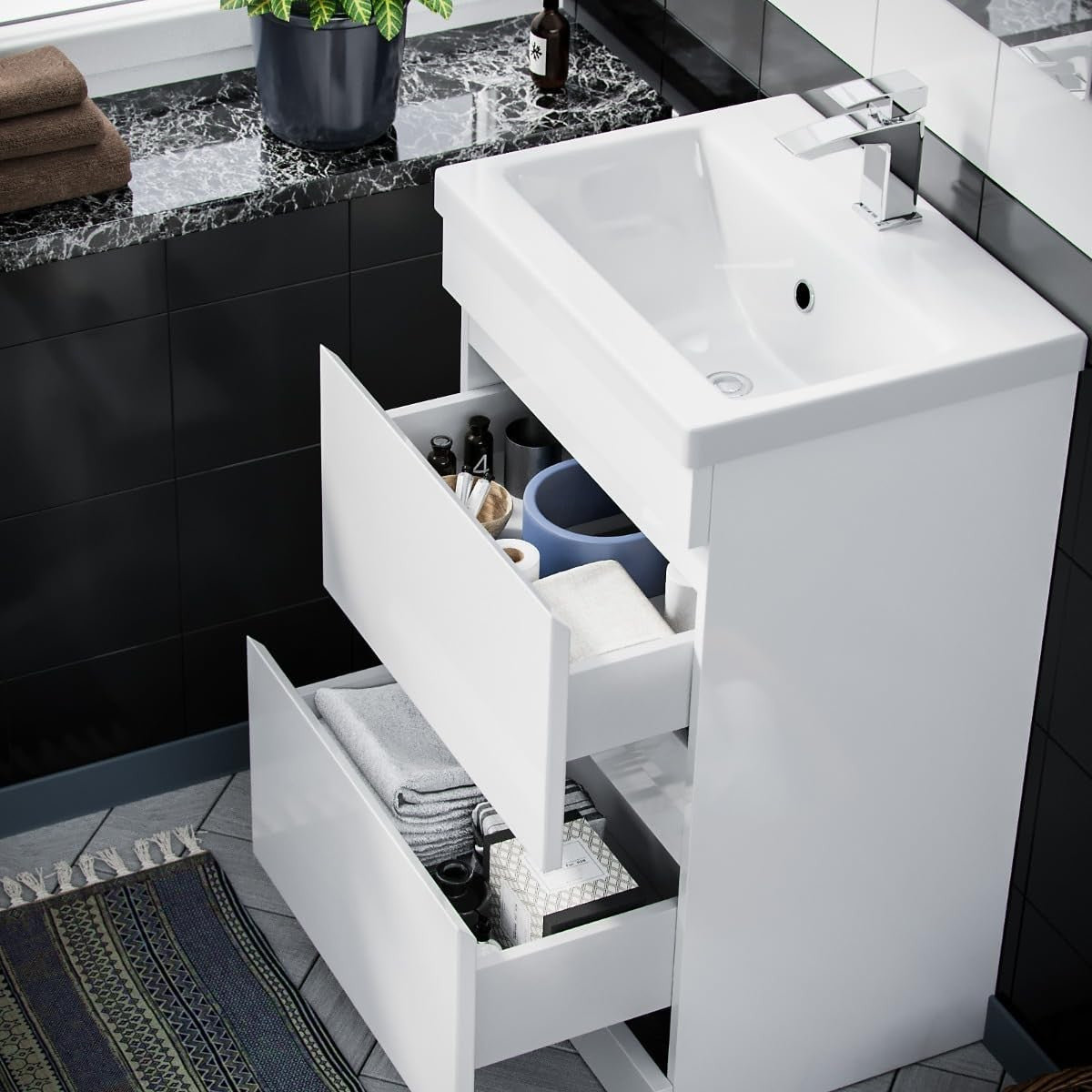 500mm White Bathroom Vanity Unit with Basin 2 Drawer Gloss Sink Cabinet