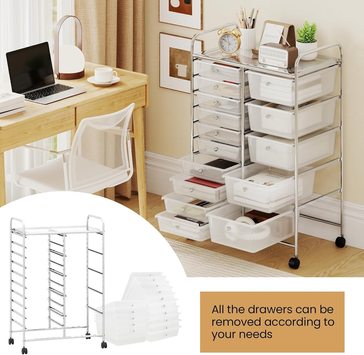 15 Drawer Storage Trolley Mobile Organizer Rolling Cart Lockable Wheels Clear