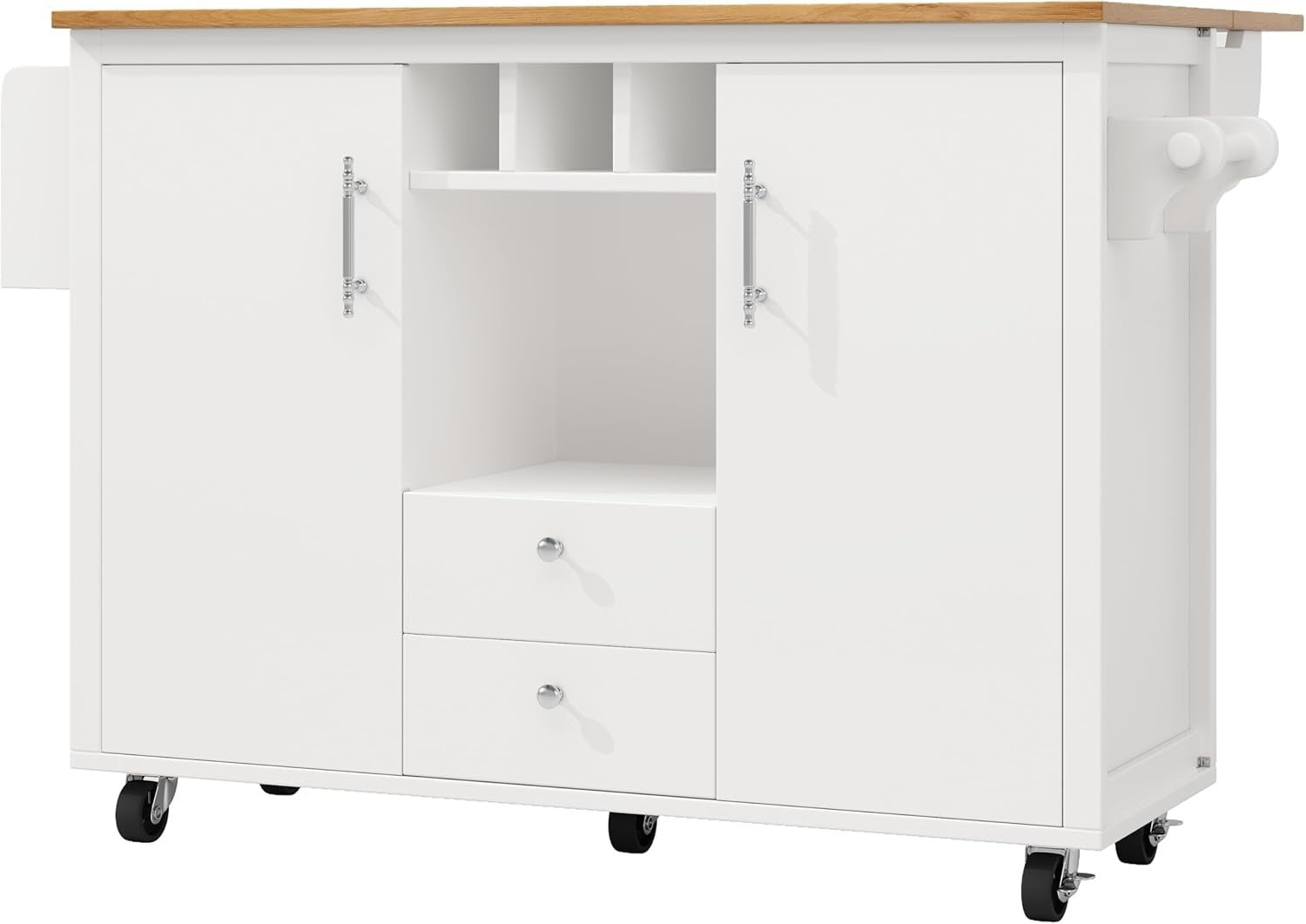 White Kitchen Island Trolley on Wheels w/ Foldable Top, Wine Rack & Storage