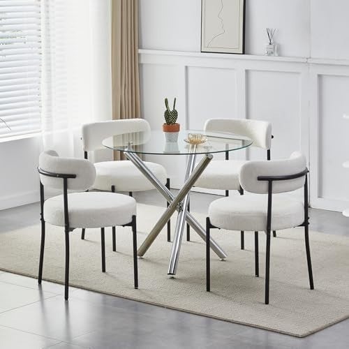 Round Glass Dining Table Set with 4 Beige Chairs Modern Dining Room