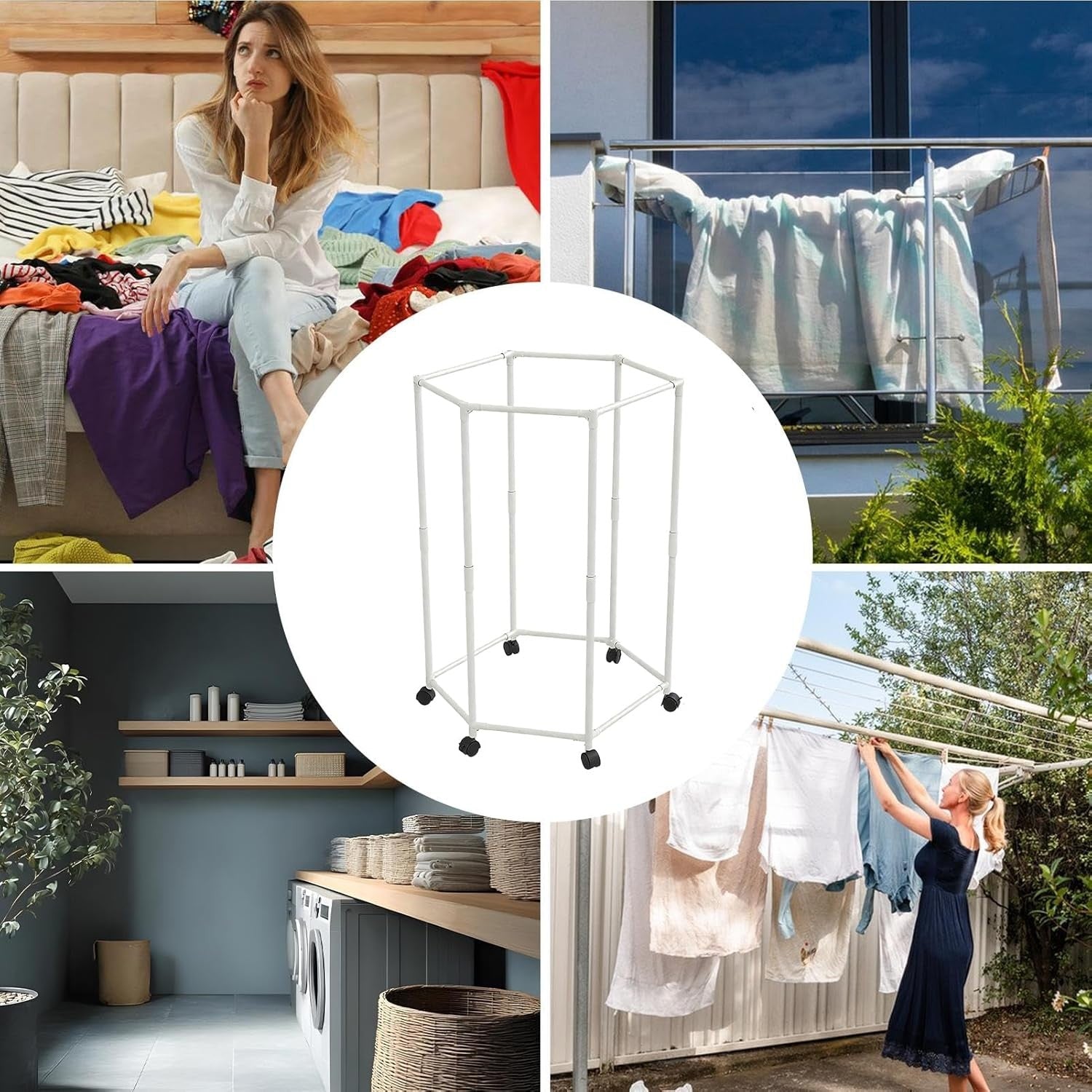 Hexagonal Clothes Drying Rack Rolling Laundry Rail Space Saving Indoor Outdoor