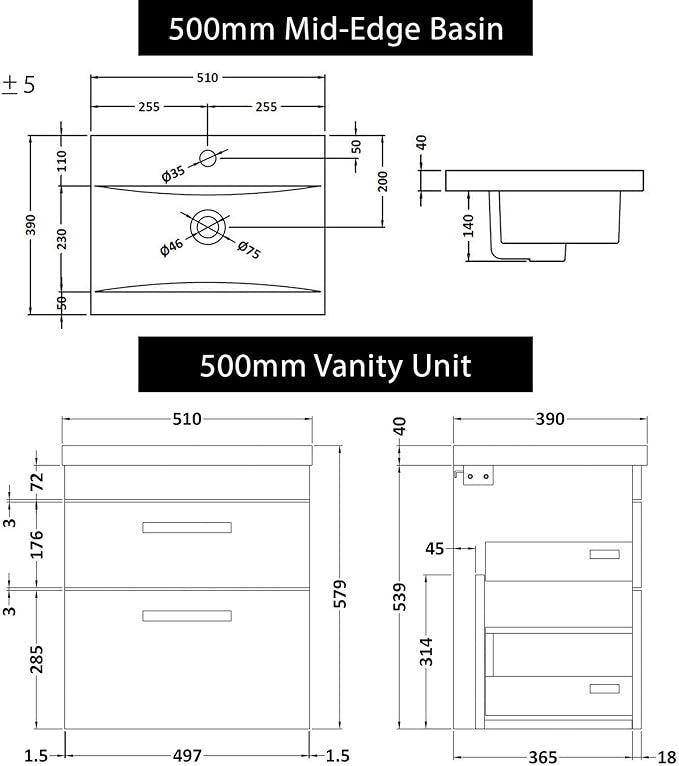 500mm Wall Hung White Gloss Vanity Unit – 2 Drawer Sink Cabinet with Basin