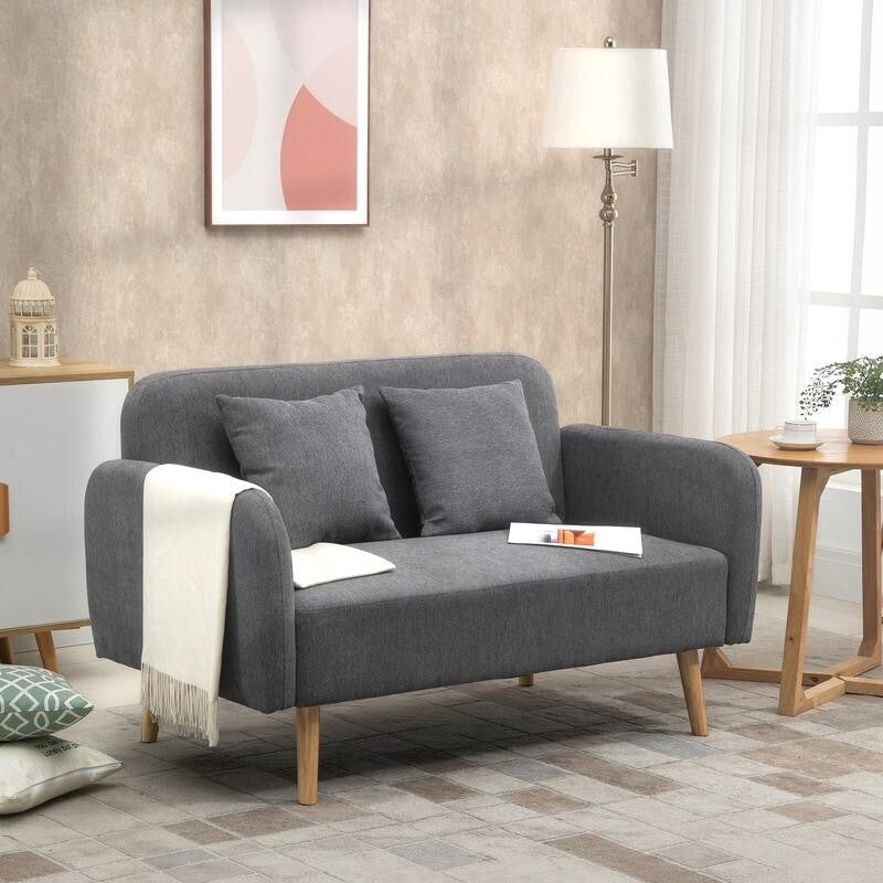 2 Seater Grey Chenille Loveseat Sofa Compact Couch w/ Cushions & Wood Legs
