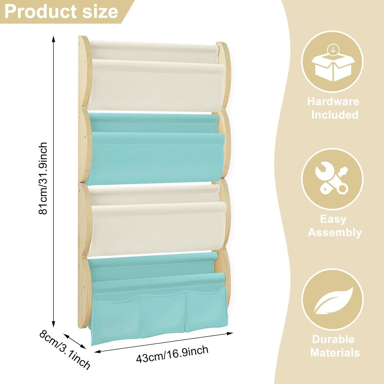 4-Tier Wall Mounted Kids Bookshelf with Fabric Sling & 3 Pockets, Blue