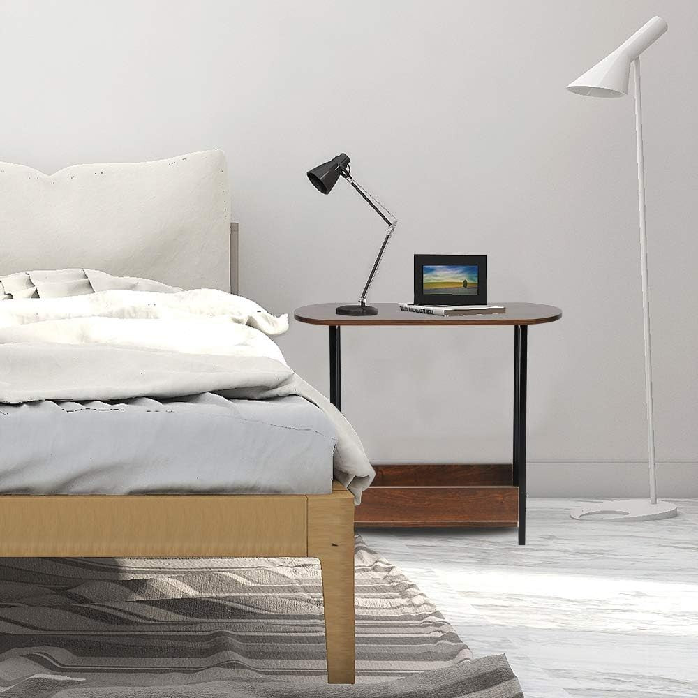Slim Oval Side Table with Storage, Dark Oak Small End Table for Living Room