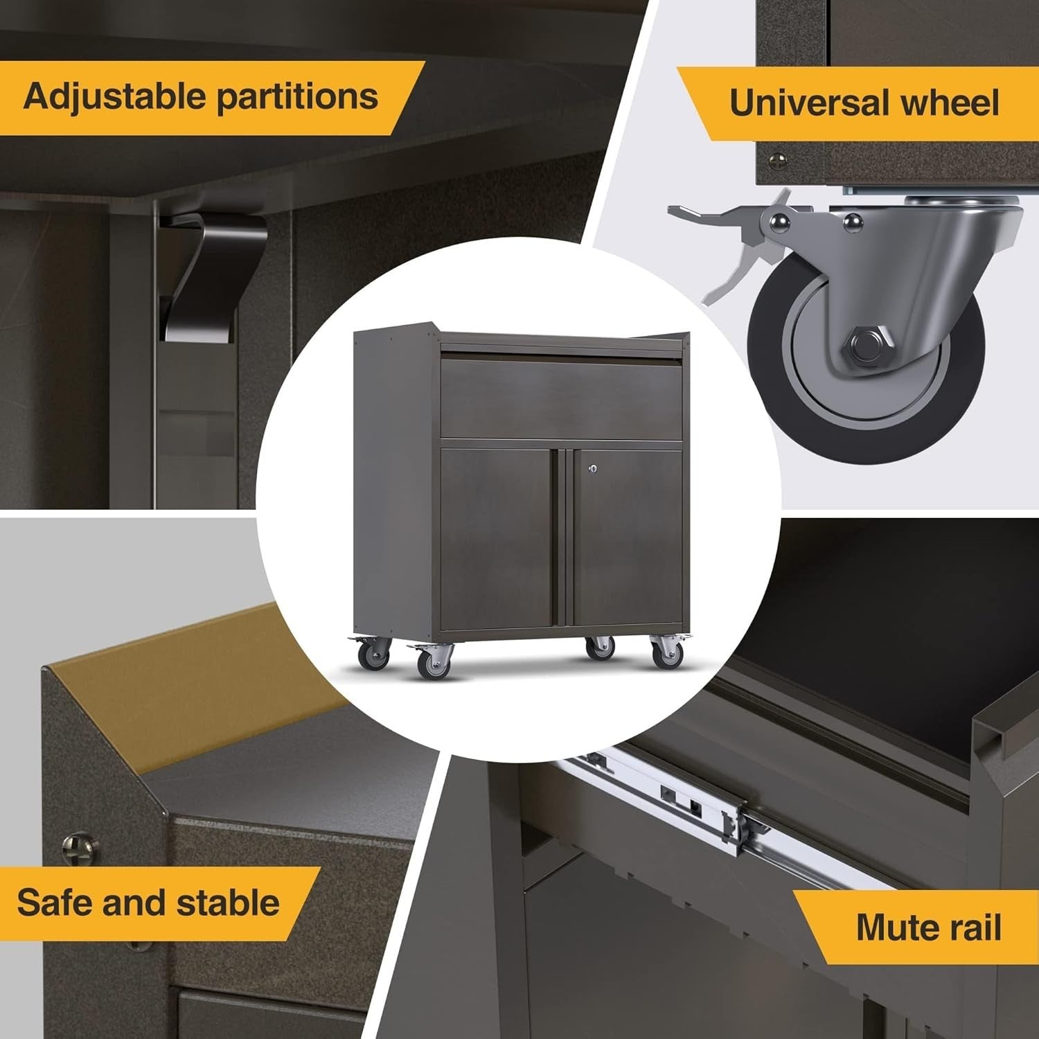 Mobile Steel Storage Cabinet with Wheels, Drawer & Lockable Doors 90H cm