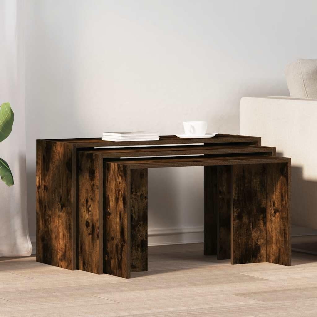 3 Pcs Nesting End Side Coffee Table Set Rectangular Smoked Oak Wood Stacking