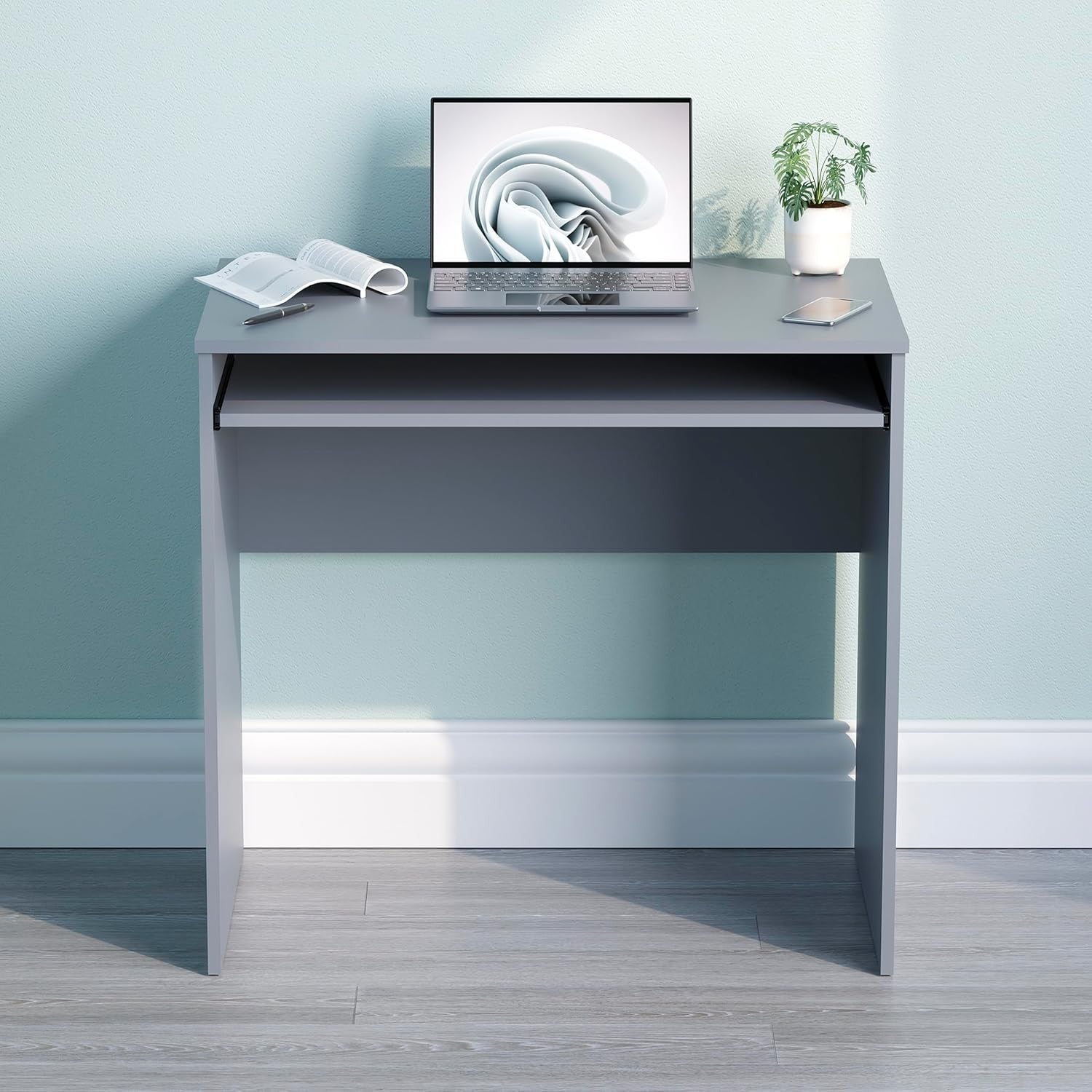 Small Computer Desk with Keyboard Tray Compact PC Laptop Table Grey