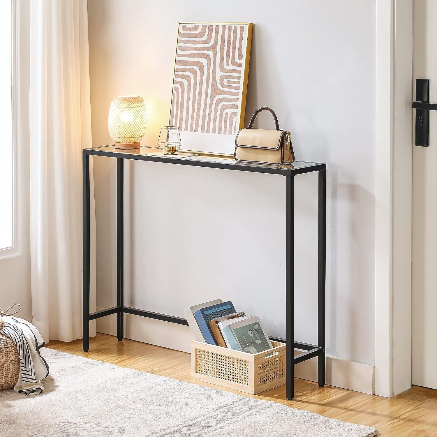 Slim Black Console Table with Tempered Glass, Adjustable Feet, 100x22x80 cm