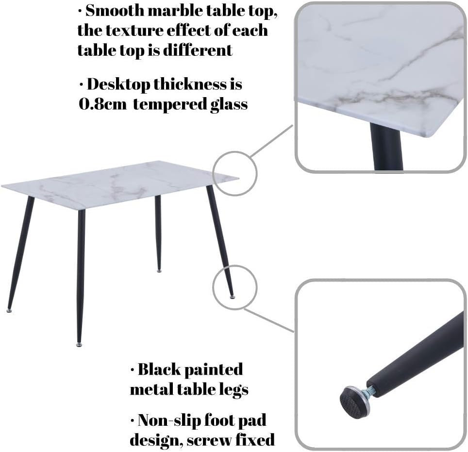 Rectangular Marble Glass Dining Table 120x70cm White Metal Modern