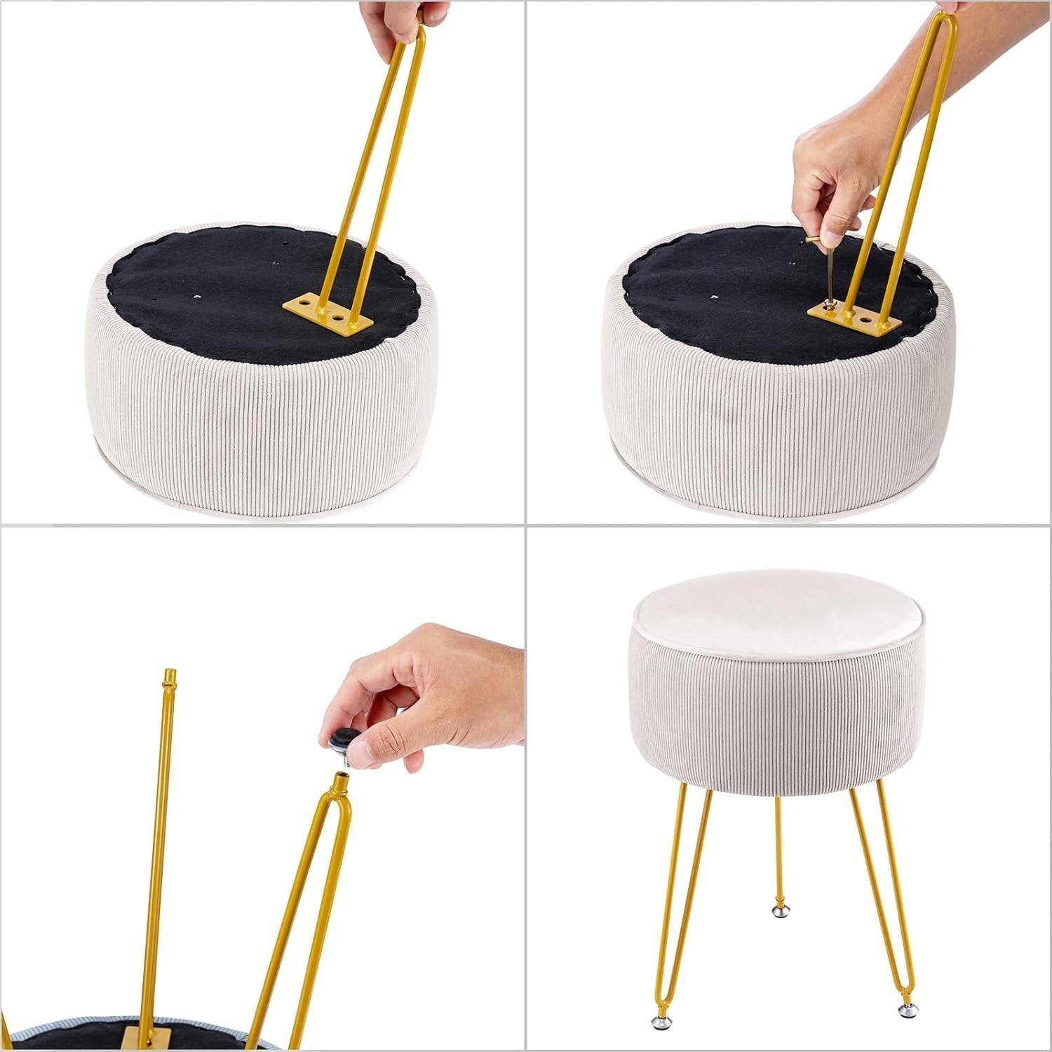 White Round Vanity Stool with Metal Legs – Padded Dressing Table Chair
