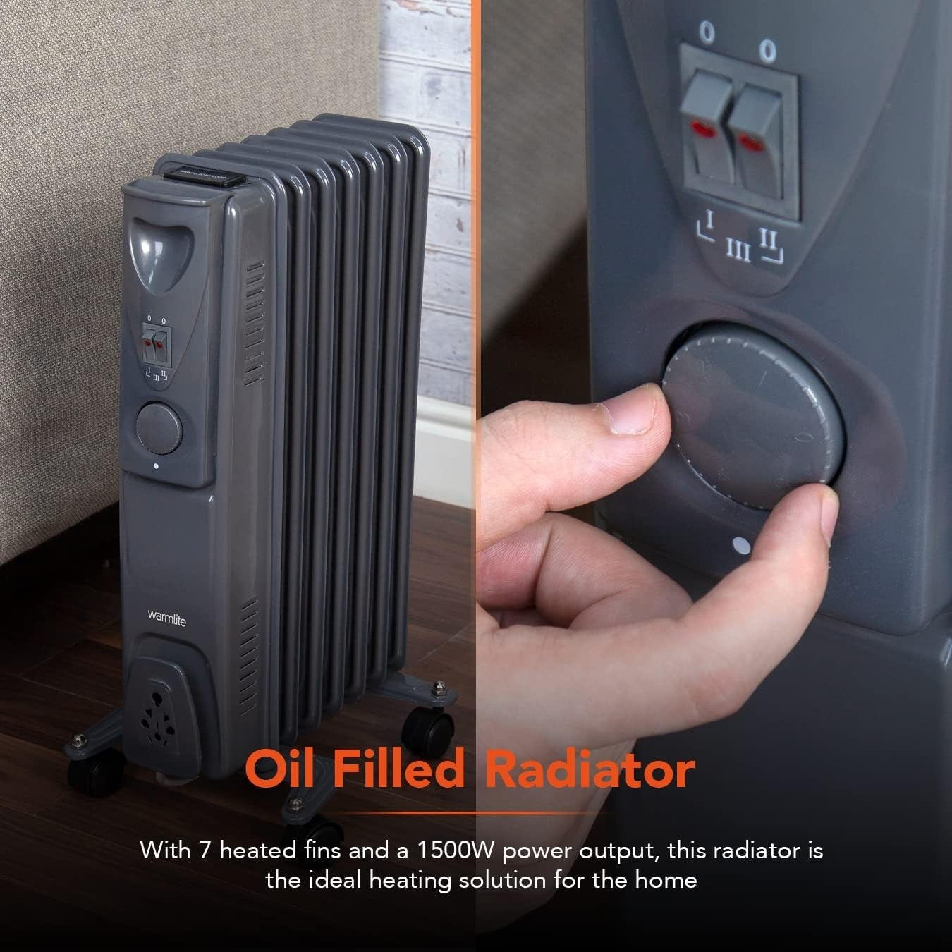 1500W Oil-Filled Radiator 7 Fin with Adjustable Thermostat, Overheat Protection