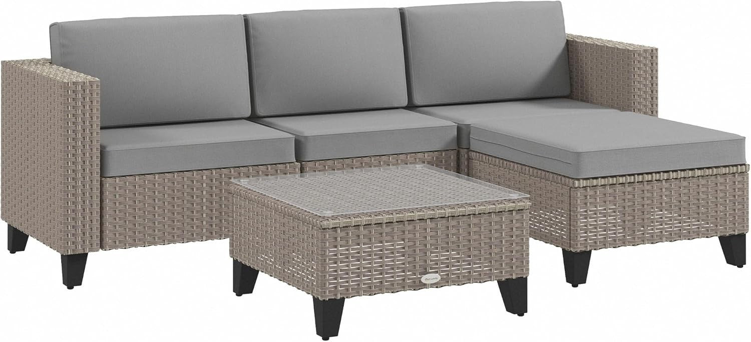 5-Piece Rattan Garden Sofa Set with Cushions & Glass Table, Seats 4 Brown
