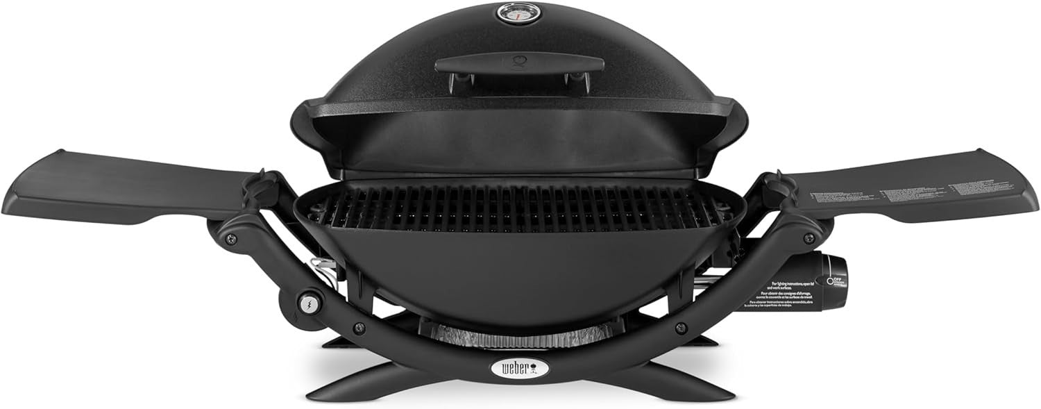 Portable Gas BBQ Grill with Cast Iron Cooking Grate | Fold-Out Tables